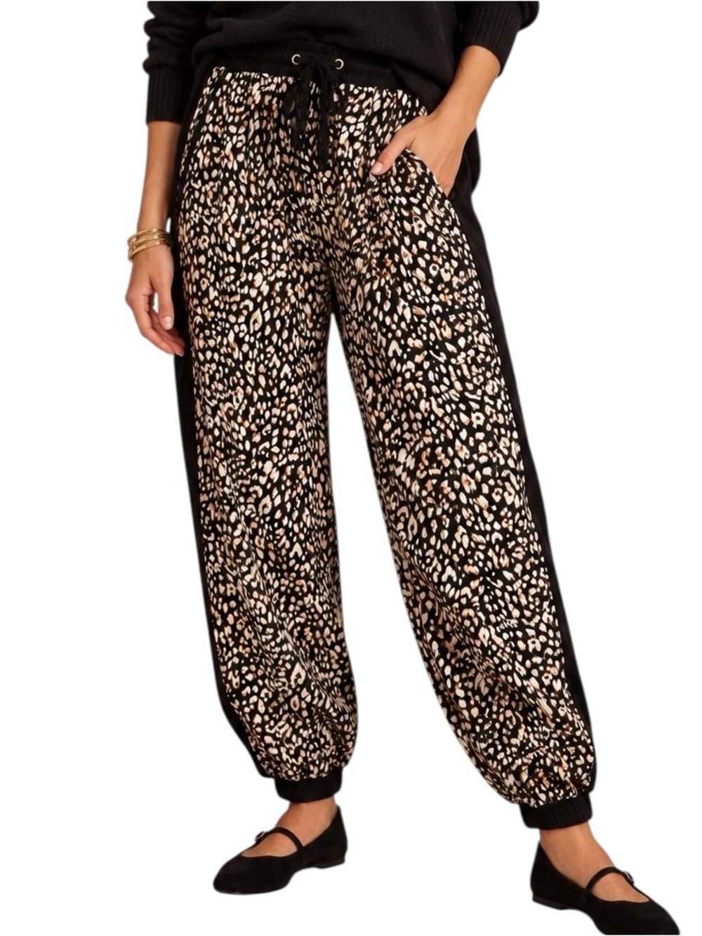 Umgee Black and Brown Animal Print Pull on Drawstring Jogger Pant
